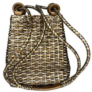 Vintage Woven Leather Bucket Bag Metallic Gold Silver Boho 90s Shoulder Bag